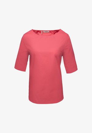 Rosa kurzärmliges Oberteil mit rundem Halsausschnitt. Hergestellt aus glattem Stoff, mit klaren Linien und einem lässigen Schnitt.