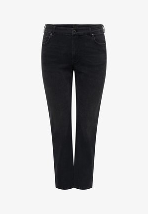 Černé denimové kalhoty se střihovým designem rovného nohavice, s knoflíkovým zapínáním, pěti kapsami a hladkou texturou. Žádné viditelné vzory.