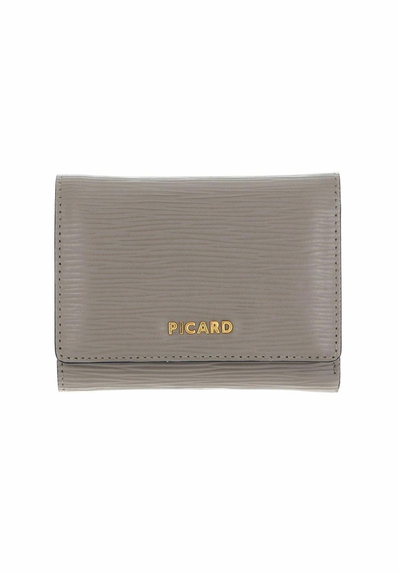 Gray textured wallet with a ribbed design, featuring gold "PICARD" branding and stitching along the edges. Closure with a flap.