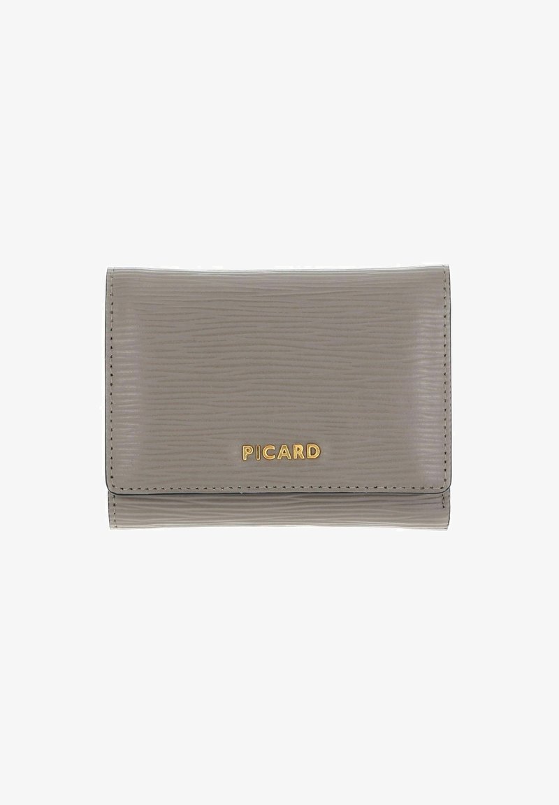 Gray textured wallet with a ribbed design, featuring gold "PICARD" branding and stitching along the edges. Closure with a flap.