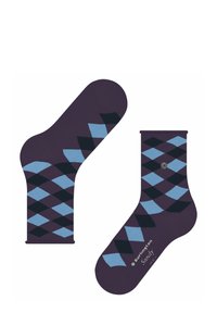 Mehrfarbige Socken in Lila mit einem Diamantmuster in Blau und Schwarz. Hergestellt aus weichem Material und mit einem Logo auf einer Seite.