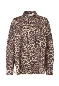 Camicia a bottone con stampa leopardo in tessuto beige e marrone. Presenta maniche lunghe, colletto e taschino sul petto.