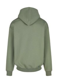 Olive green hoodie with a relaxed fit, featuring a hood, ribbed cuffs, and hem. Smooth texture with no visible logos or patterns.