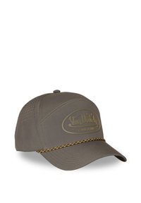 Casquette de baseball grise Von Dutch avec visière courbée, côtés perforés, logo embossé et cordon tressé décoratif au-dessus de la visière.