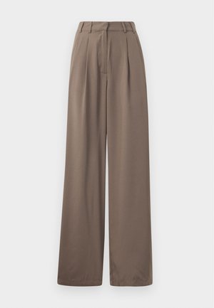Pantalons larges dans une couleur marron muted. Fabriqués en tissu lisse et léger avec des plis avant et une taille ajustée.
