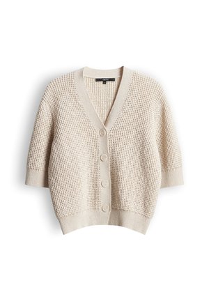 Crème-beige gebreid vest met korte mouwen, V-hals, vier knopen aan de voorkant en geribbelde boorden en zoom.