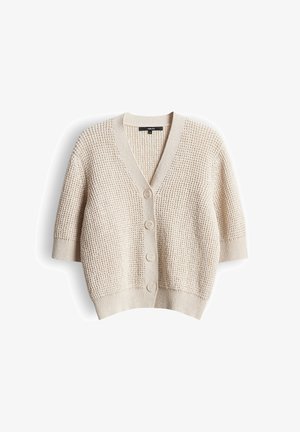 Cremebeiger, kurzärmeliger Strickcardigan mit V-Ausschnitt, vier Knöpfen vorne sowie gerippten Bündchen und Saum.