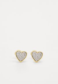 Gold-tone heart-shaped stud earrings with a textured surface featuring a cluster of small clear gems, adding sparkle and detail.