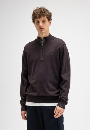 Man met krullend haar die een donker pullover met lange mouwen en een kwart rits draagt over een wit ondershirt tegen een effen lichte achtergrond.
