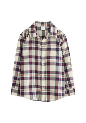 Långärmad skjorta med knappar i en krämfärgad, marinblå och röd rutmönster samt bröstficka.