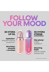 To KIKO Milano leppeoljer side om side med produktfordeler: 3D Hydra Lip Oil for hydrering og utjevning, 3D Hydra Xtreme for fyldig og glansfull finish.