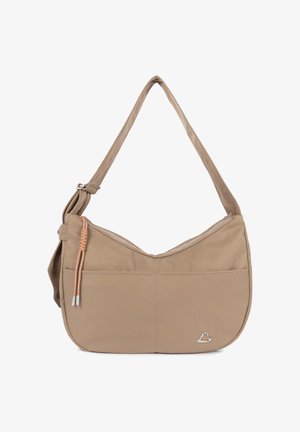 Beżowa torba na ramię z regulowanym paskiem, przednią kieszenią, dekoracyjnym pomarańczowym plecionym sznurkiem oraz małym srebrnym logo w kształcie serca w dolnym prawym rogu.