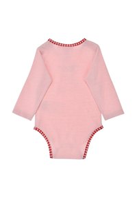 Long-sleeve bodysuit in light pink and white stripes. Red gingham trim around the neck and leg openings. Soft, stretchy fabric.