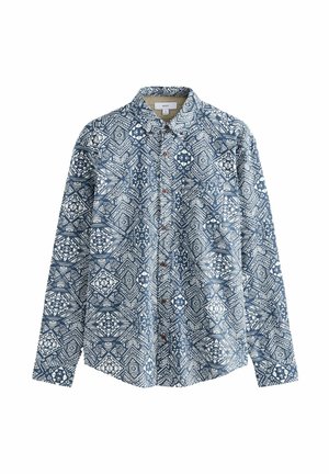 Long-sleeve shirt made of cotton, featuring a blue and white geometric pattern, button-down front, and pointed collar.