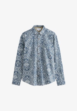 Langærmet skjorte lavet af bomuld, med et blå-hvidt geometrisk mønster, knaplukning fortil og spidse kraver.