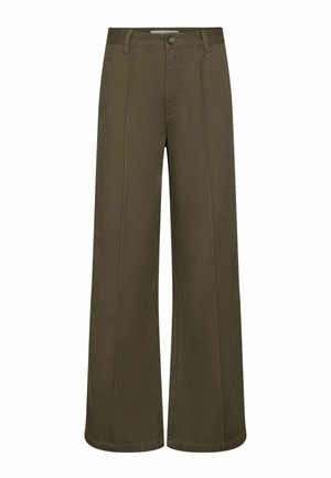 Olive green wide-leg pants with front button and zipper closure, belt loops, and vertical seam detailing.