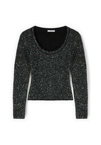 Czarna bluzka z długim rękawem i dekoltem w łódkę, wykonana z teksturowanego, błyszczącego materiału z srebrnymi akcentami na całej powierzchni. Dopasowany krój.