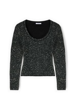 Zwarte top met lange mouwen en een scoop-hals, gemaakt van een gestructureerd, glinsterend materiaal met zilveren accenten. Getailleerd ontwerp.
