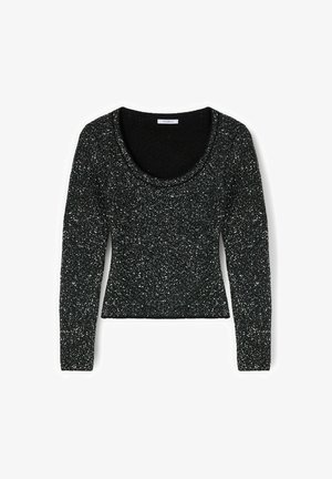 Zwarte top met lange mouwen en een scoop-hals, gemaakt van een gestructureerd, glinsterend materiaal met zilveren accenten. Getailleerd ontwerp.