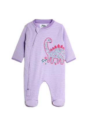 Fialovo pásikavý detský overal s nohavičkami, zapínaním na zips a kvetinovou dinosaurovou nášivkou s ružovými tŕňmi a malými kvetmi.