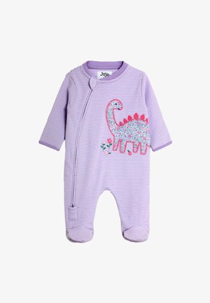 Flieder gestreifter Baby-Strampler mit Füßchen, Reißverschluss und floralem Dinosaurier-Patch mit pinken Stacheln und kleinen Blumen.
