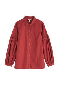Rode button-up shirt met lange, opgeblazen mouwen met gerimpelde details bij de manchetten. Soepele textuur en een klassieke kraagontwerp.