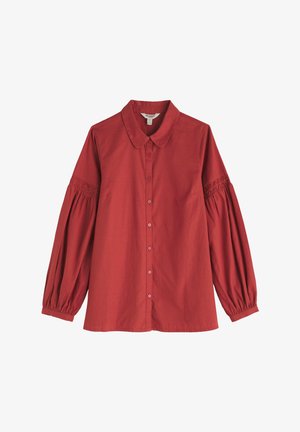 Red button-up shirt with long, puffed sleeves featuring smocked details at the cuffs. Smooth texture and a classic collar design.