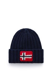 Gorra de punto en color navy con textura acanalada, que presenta un parche rojo con una cruz blanca y acentos azules, ubicado en la parte frontal.