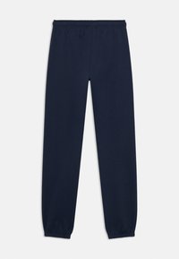 Maritime blå joggebukser laget av et mykt stoff, med elastisk midjebånd, smale ben og elastiske mansjetter ved anklene.