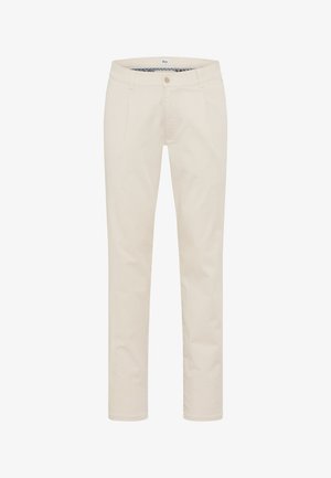 Beige slim-fit broek met knoop- en ritssluiting, zijzakken en decoratieve voering aan de binnenkant van de tailleband.