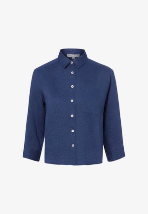 Donkerblauw overhemd met knopen, driekwart mouwen, puntige kraag, borstzak aan de voorkant en witte knopen in het midden.