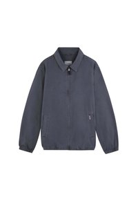 Veste légère bleu marine avec un col, une fermeture éclair avant et des poignets élastiques, dotée de deux poches avant et de détails de couture subtils.