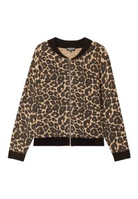 Cardigan in stampa leopardata con zip frontale, bordi neri a coste, texture morbida e vestibilità rilassata. Presenta diverse sfumature di macchie beige e marroni.