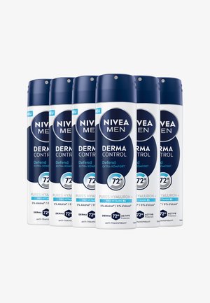Six Nivea Men Derma Control antiperspirant spray cans with 72-hour protection, pure hyaluron, and pro-vitamin B5, arranged in a row.