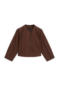 Brun, cropped knap-up skjorte med lange ærmer, der har hvide lodrette striber og v-hals. Lavet af glat stof med knapdetaljer.