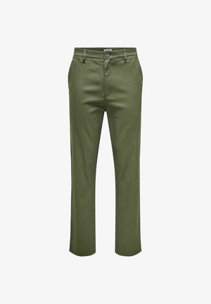Pantaloni verde oliva realizzati in tessuto durevole, con design a gamba dritta, tasche frontali e chiusura a bottone.