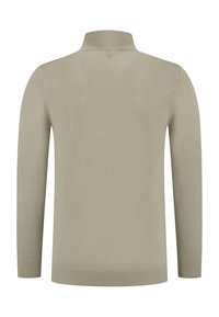 Beige gebreide trui met een hoge kraag, lange mouwen en een ribgebreide zoom. Soepele textuur met subtiele stikseldetails aan de achterkant.