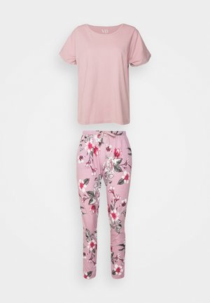 Pink cotton t-shirt with short sleeves and a round neck, paired with pink floral-patterned sweatpants featuring an elastic waistband.