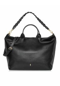 Czarna skórzana torebka na ramię o teksturowanym wykończeniu, z plecionym uchwytem i złotymi akcesoriami. Zawiera odpinany pasek na ramię.