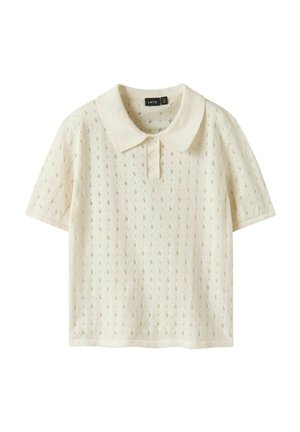Kremo spalvos trumpomis rankovėmis megztas polo marškinėlis su subtiliu skylučių raštu ir trimis mygtukais priekyje.