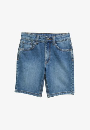 Denim-Shorts in Mittelblau mit einem klassischen fünf-Taschen-Design, gesteppten Akzenten und einem Knopfverschluss. Glatte Textur.