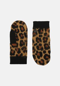 Moufles en imprimé léopard dans des tonalités beige et noir, avec une texture tricotée et des poignets côtelés noirs contrastants. Inclut un détail du logo MK.