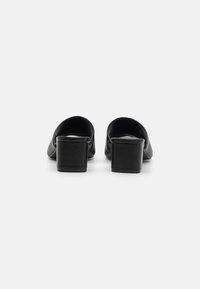 Black leather mules with a squared block heel, slip-on design, rounded back, and smooth texture. Minimalist style with no visible hardware.