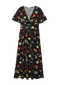 Robe noire à manches courtes et décolleté en V, dotée d'un détail en nœud. Recouverte de motifs colorés et ludiques de soleils, d'oiseaux et de fleurs.