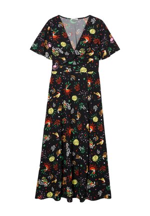 Vestido negro con mangas cortas y escote en V, con un detalle de nudo. Cubierto de estampados coloridos y juguetones de soles, pájaros y flores.
