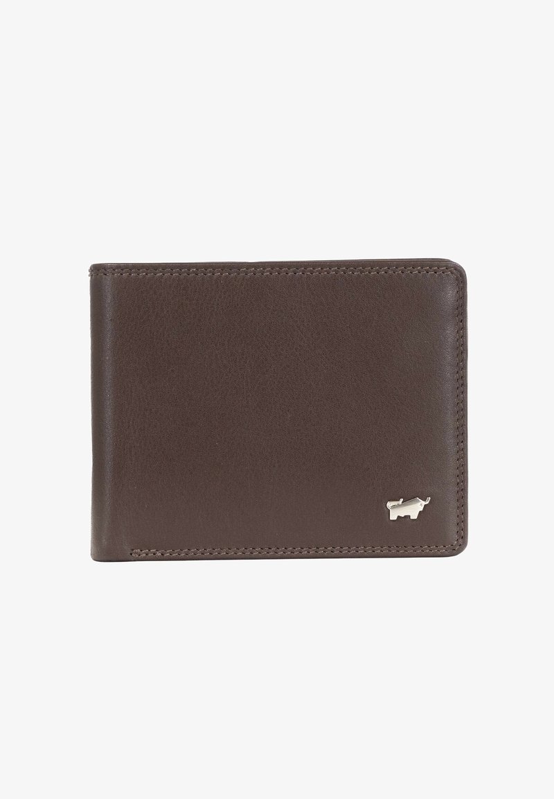 Portafoglio in pelle marrone con superficie testurizzata, design pieghevole e piccolo accento logo argentato su un lato.