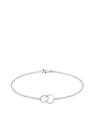 Delikatna srebrna bransoletka łańcuszkowa z dwoma zazębiającymi się pierścieniami na środku i zapięciem typu karabińczyk.