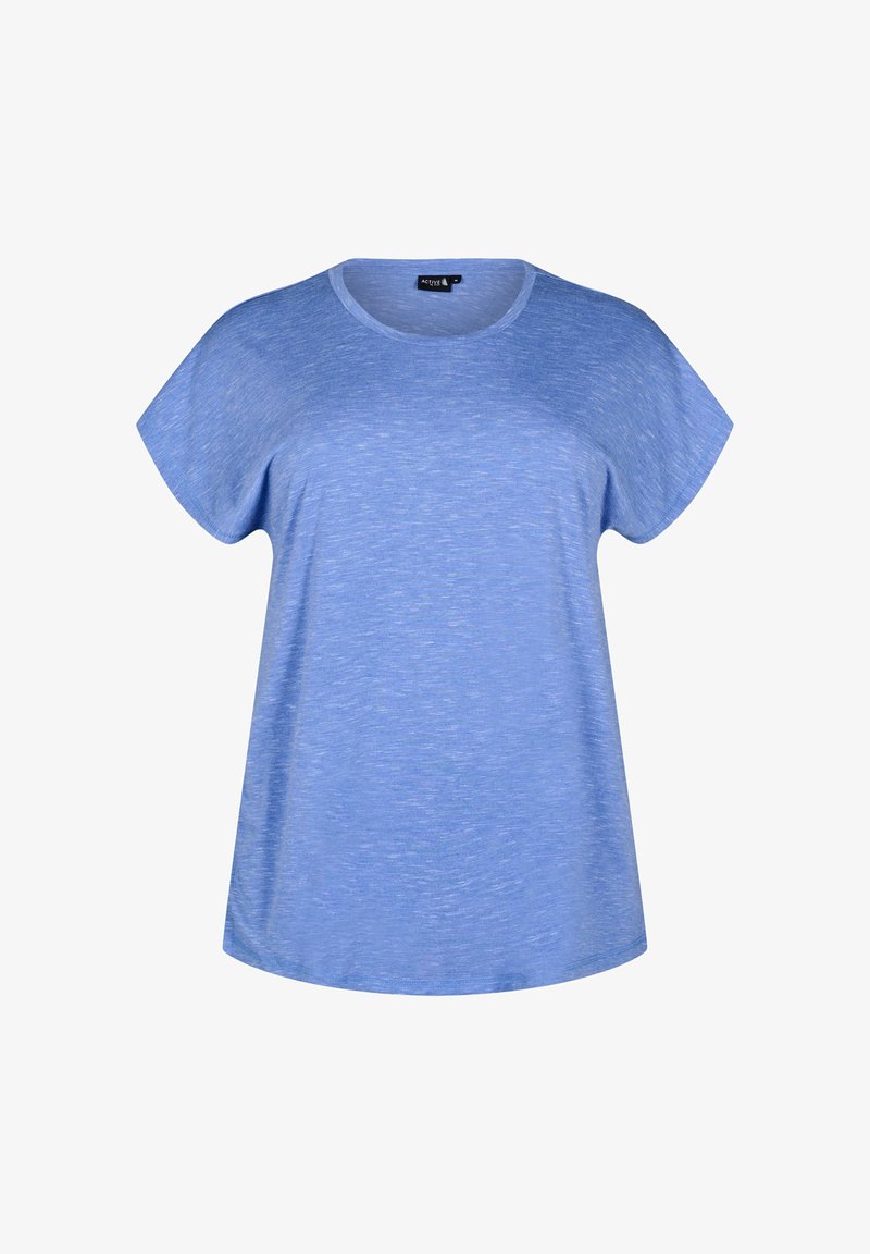 Krátký rukáv modré tričko vyrobené z lehké strukturované látky; má kulatý výstřih a volný střih pro pohodlí.