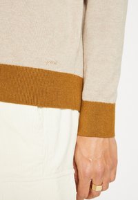 Pull en maille beige avec un ourlet côtelé brun riche. Présente un logo brodé sur le côté. Porté sur un tissu texturé blanc.