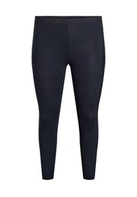Leggings de color azul marino con diseño elegante, hechos de tejido elástico, que cuentan con un detalle de raya texturizada en el costado para añadir interés.